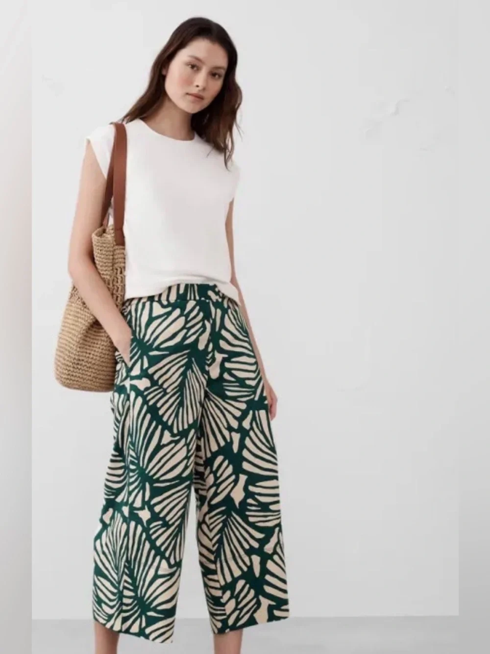 Banana Republic Green and Cream Wide-Leg Printed Pants